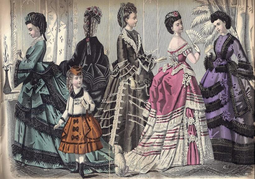 Godey's magazine cover five women and one female child dressed in attire from the 1880's.