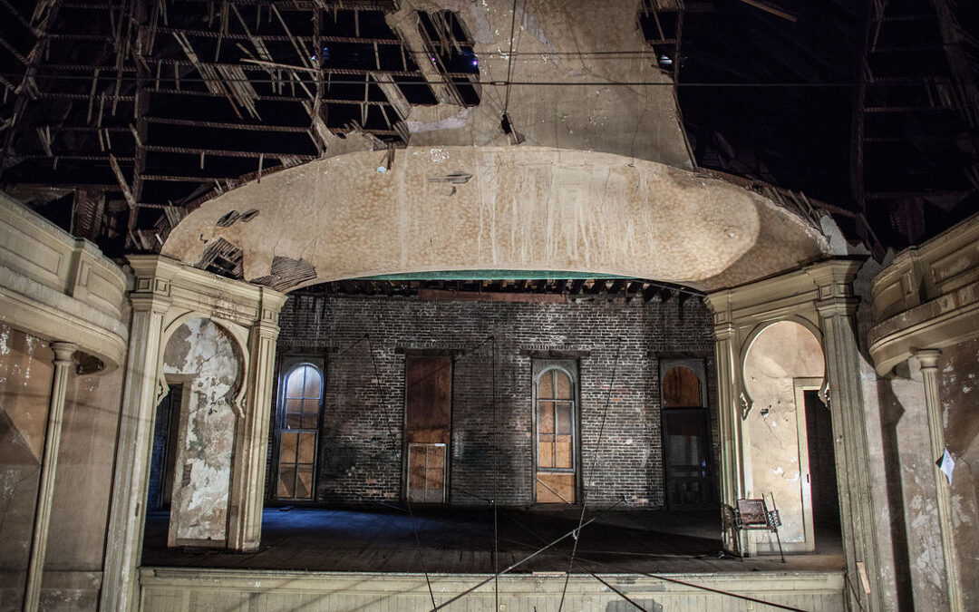 stage and failing down ceiling of Antoinette Hall.